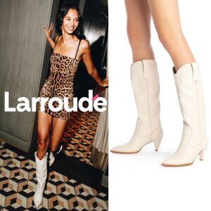 Larroude Louise Western Boots Size 9 Ivory Leather Pointed Toe High Heel NEW